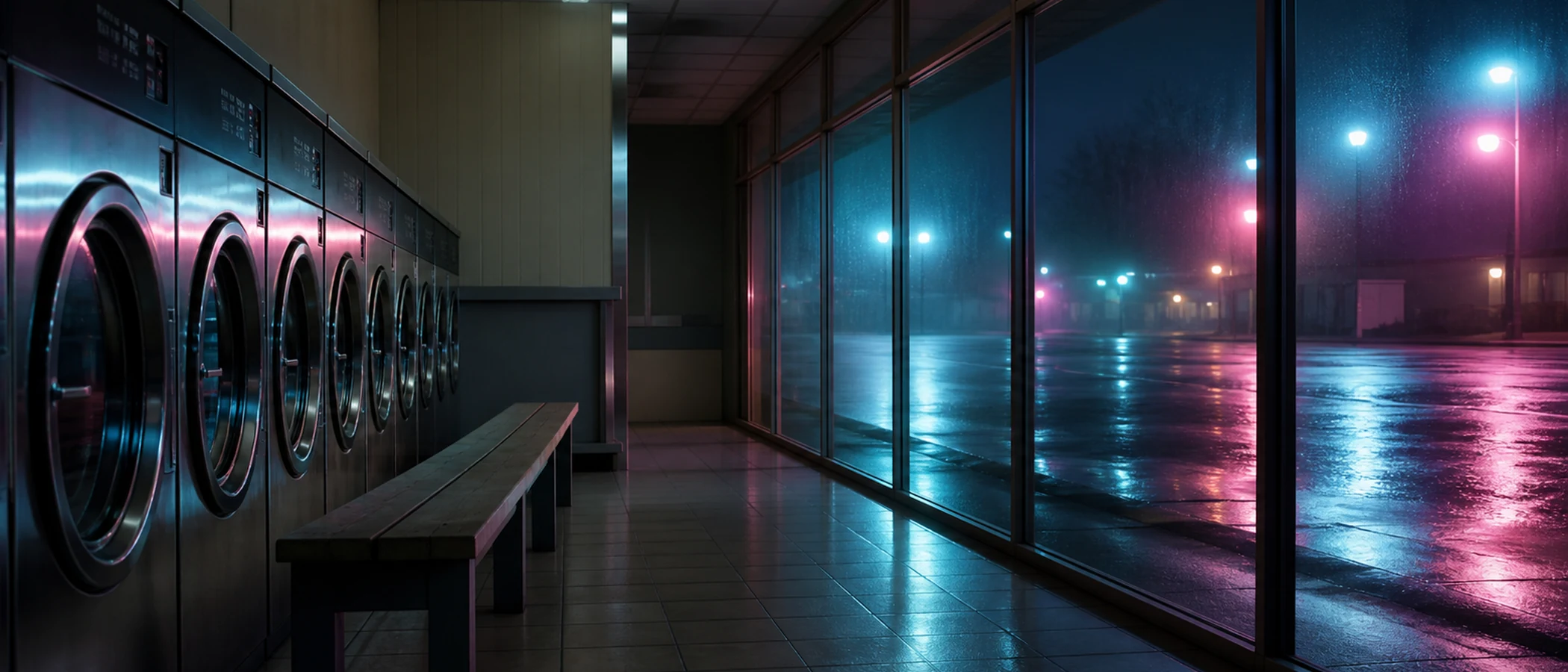 Neon-Waschsalon nach dem Regen · 21:9