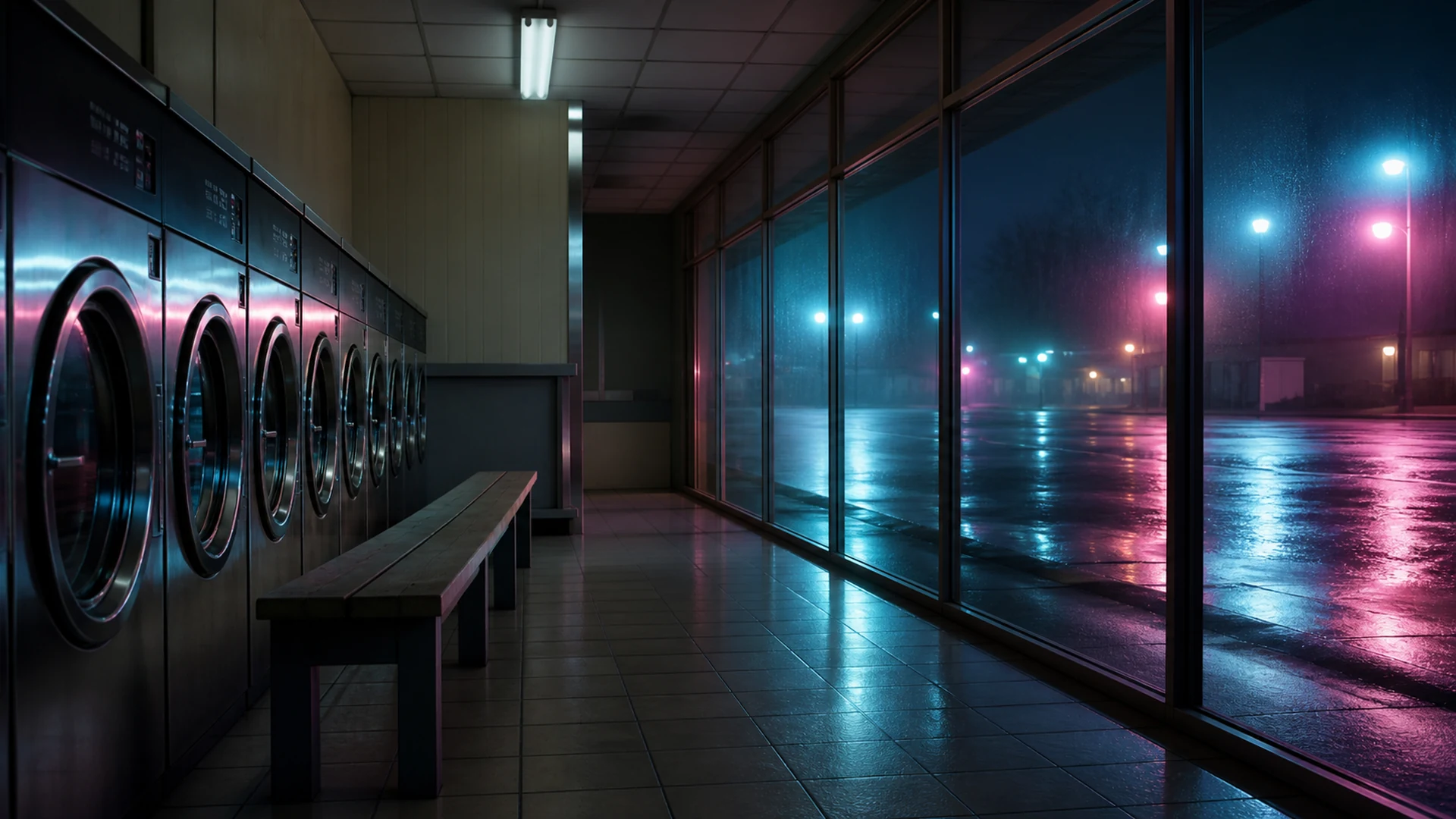 Neon-Waschsalon nach dem Regen · 16:9