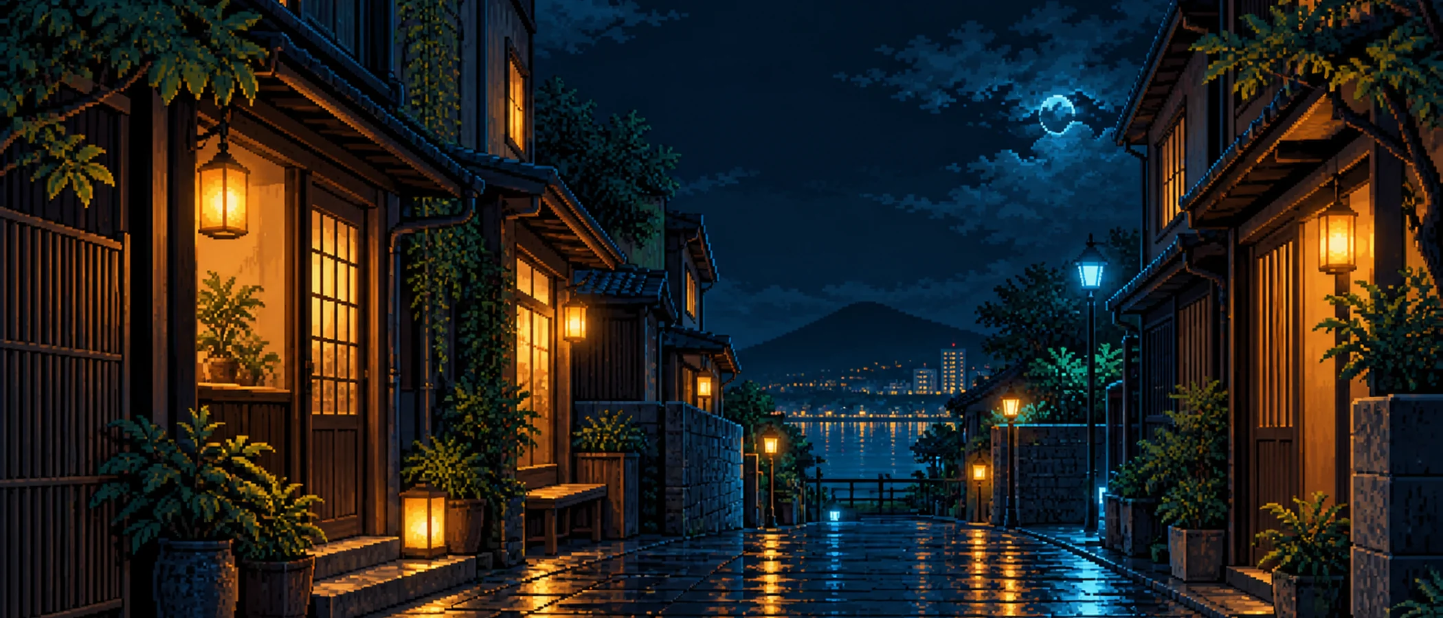 Pixelgasse im Regen · 21:9
