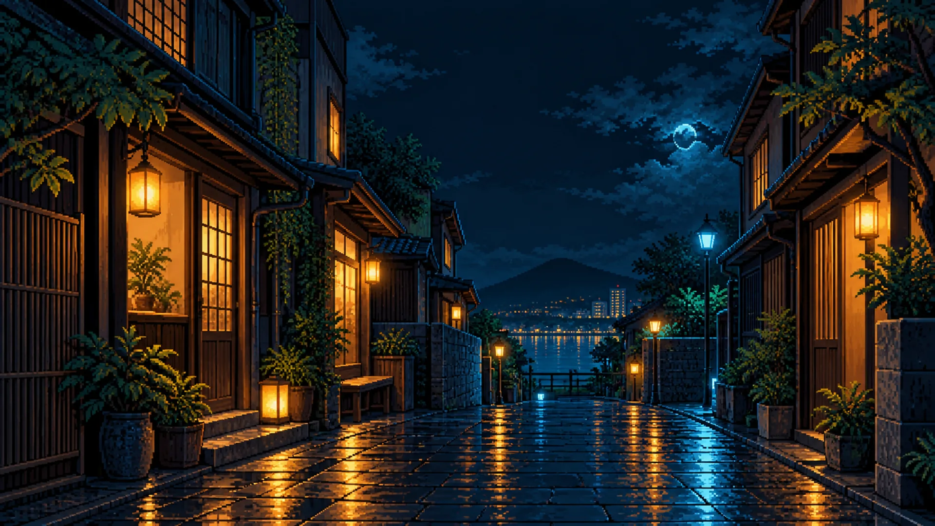 Pixelgasse im Regen · 16:9