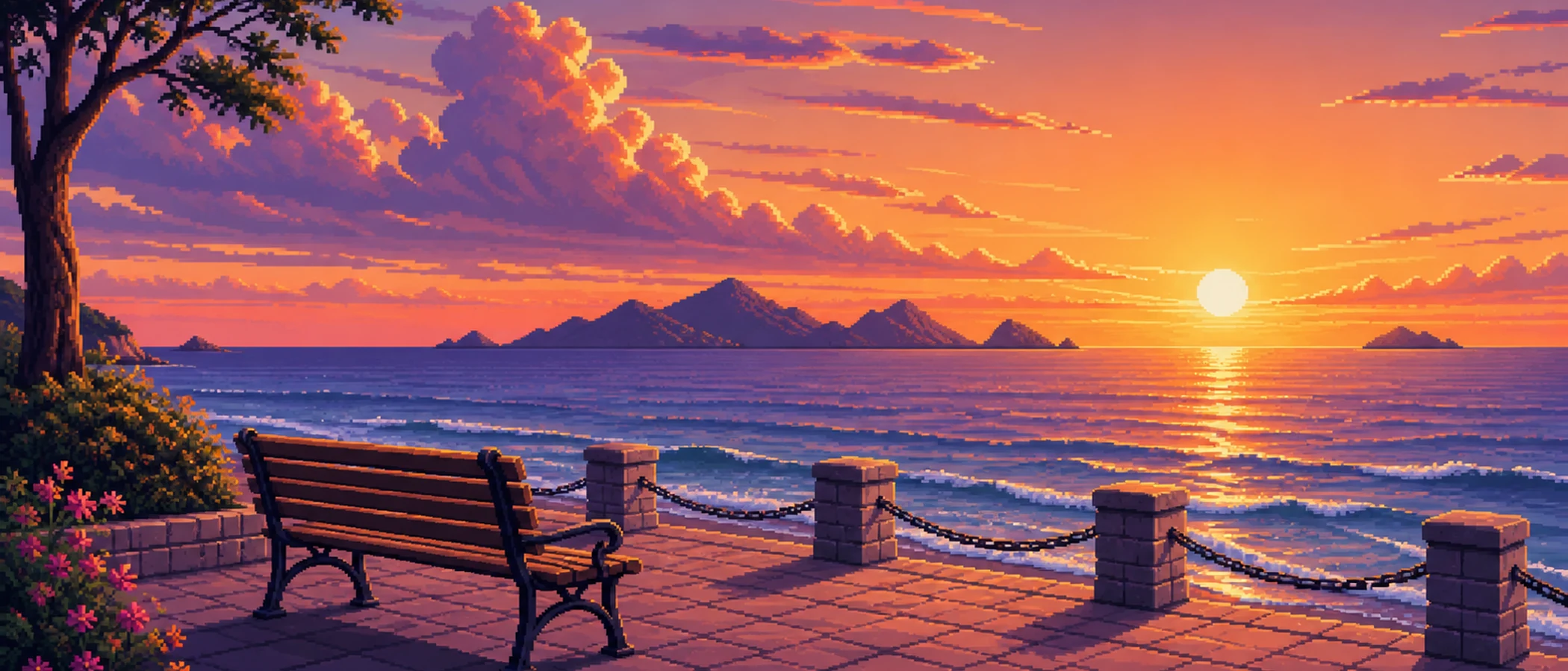 픽셀 해변 노을 · 21:9